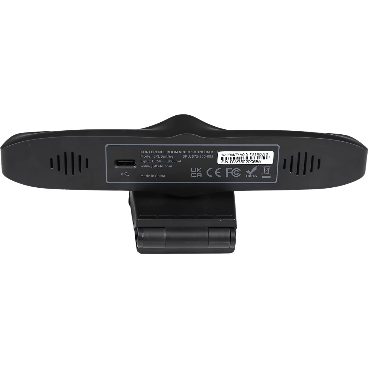 Schwarze Videokonferenz-Soundbar mit Lautsprecher, USB-Anschluss und Beschriftungen. Halterung am unteren Ende.